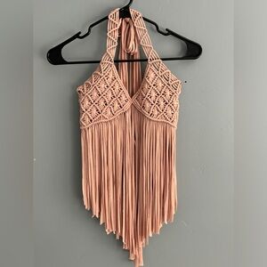 Fringe halter open back pink top